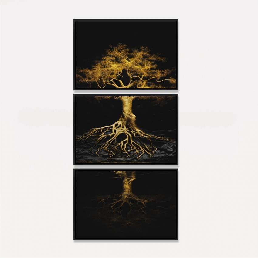 Quadro Trio Árvore Reflexo Dourada