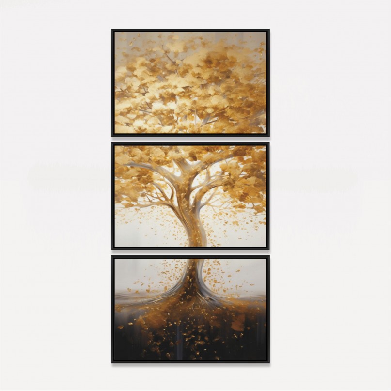 Quadro Árvore e suas Folhas Douradas - 3 Peças