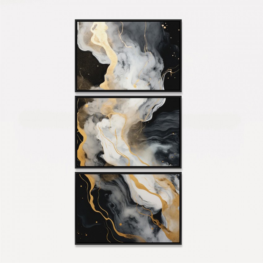 Quadro Trio Abstrato Mármore Preto com Dourado