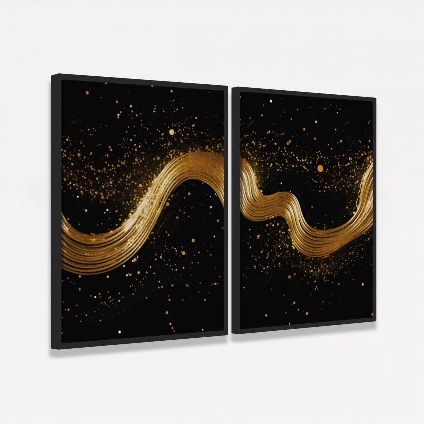 Quadro Duo Abstrato Ondas Brilhantes Douradas