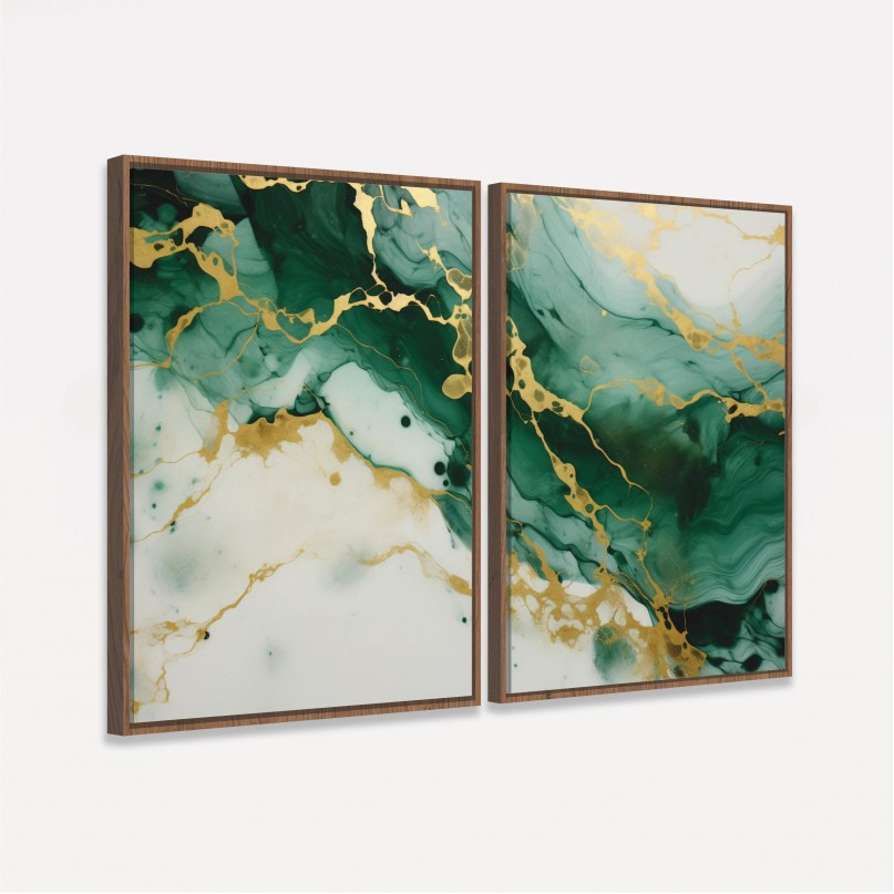 Quadro Abstrato Duo Marmorizado Liquido Verde e Dourado