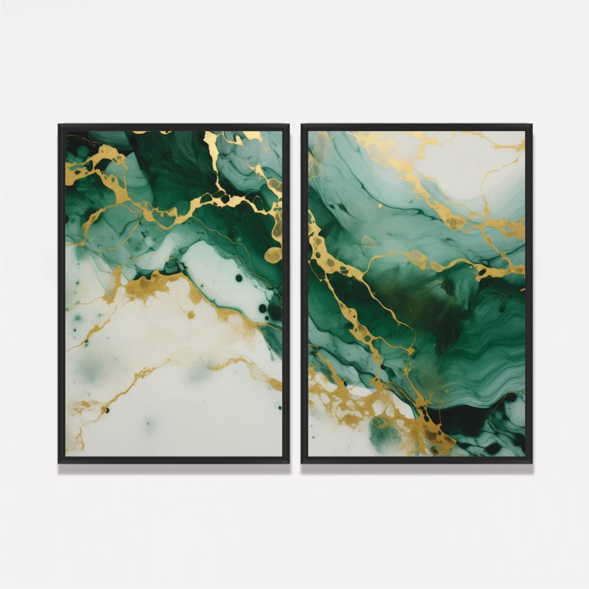 Quadro Abstrato Duo Marmorizado Liquido Verde e Dourado