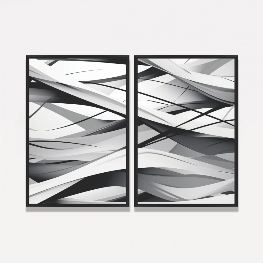 Quadro Duo Abstrato Ondas Aleatórias Preto e Branco