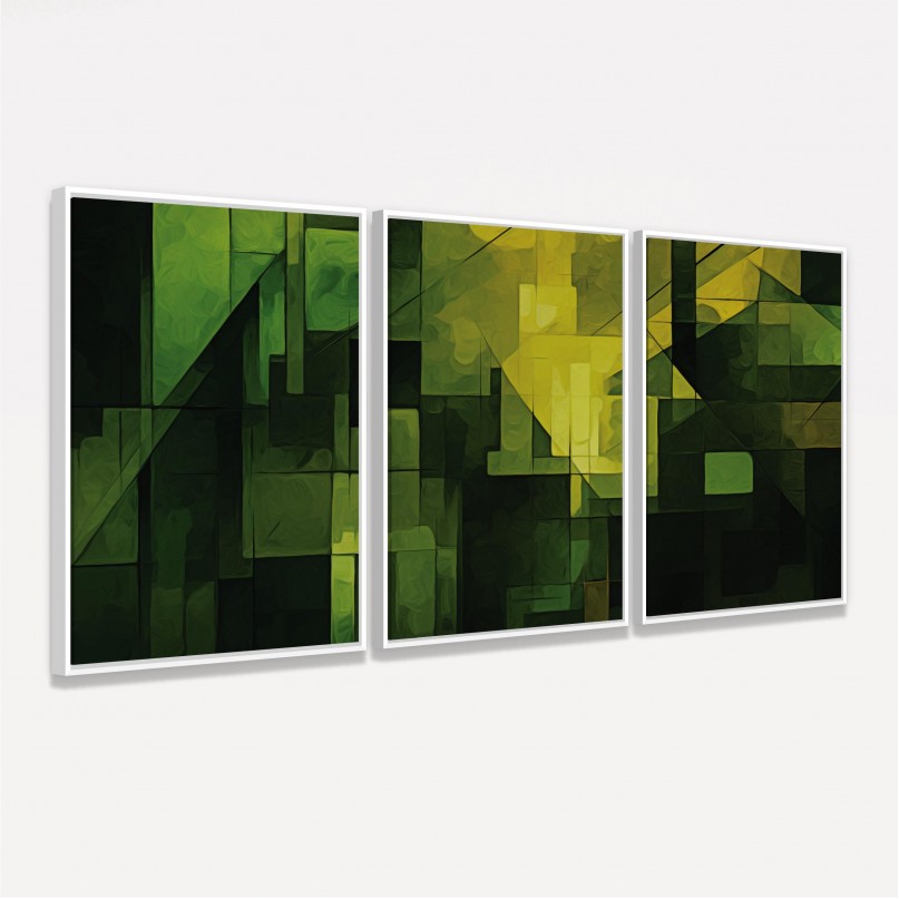 Quadro Abstrato Trio em Linhas Tons de Verde