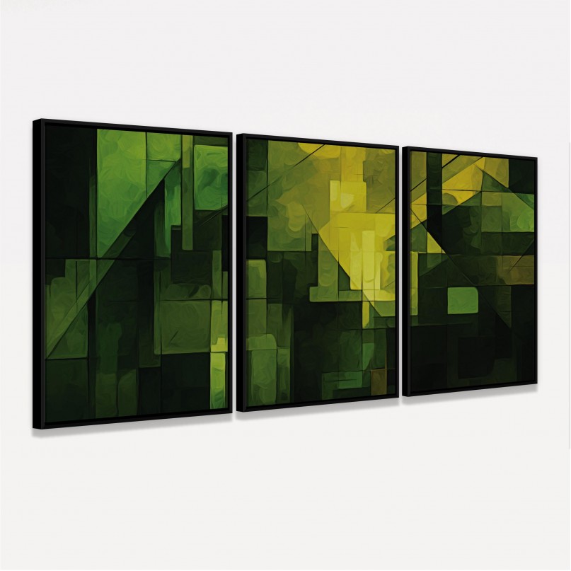 Quadro Abstrato Trio em Linhas Tons de Verde