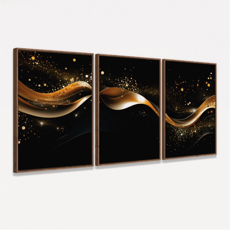 Quadro Abstrato Trio Ondas Douradas em Fundo Preto