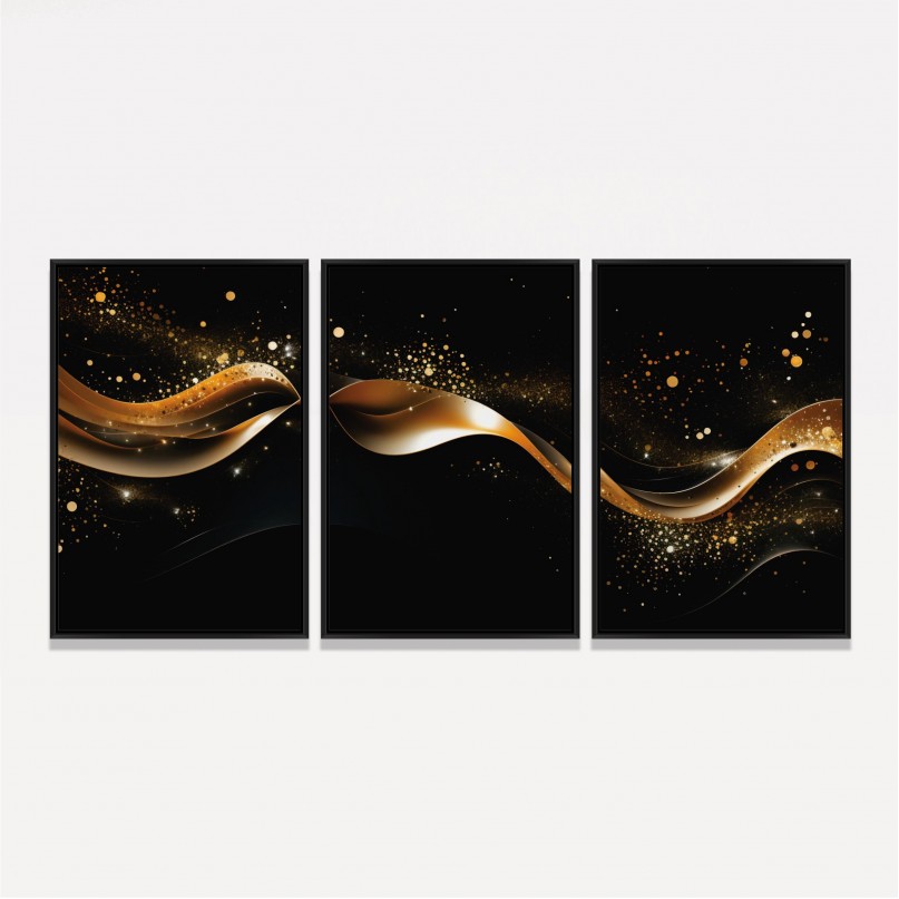 Quadro Abstrato Trio Ondas Douradas em Fundo Preto