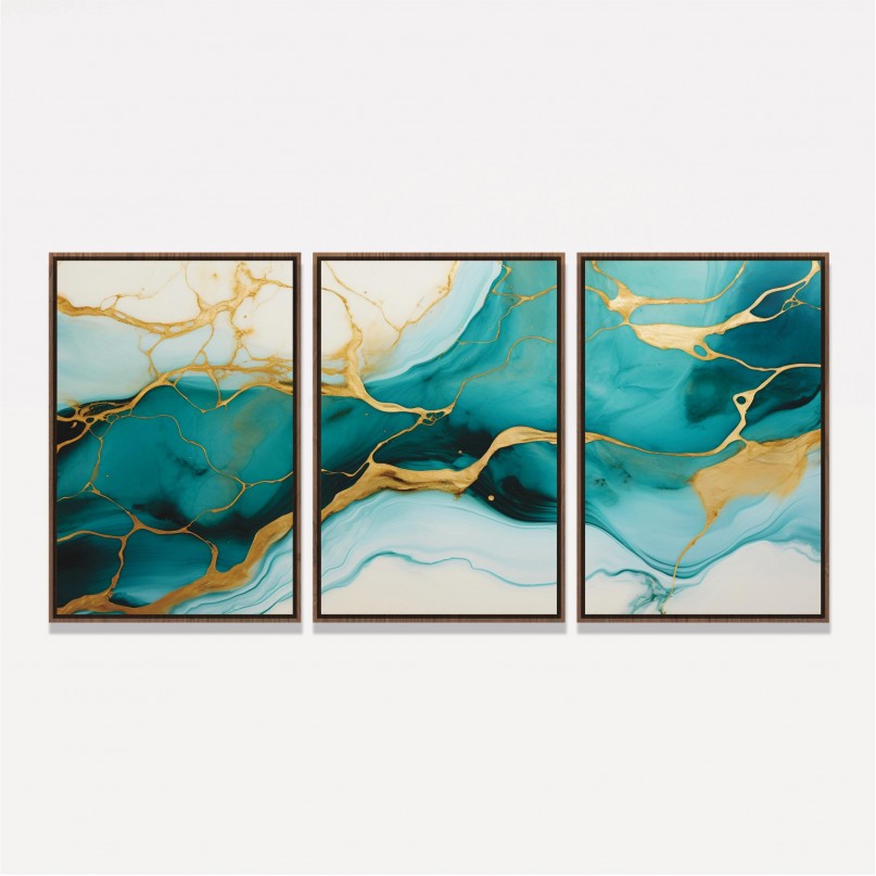 Quadro Abstrato Trio Mármore Fluido Tiffany e Dourado