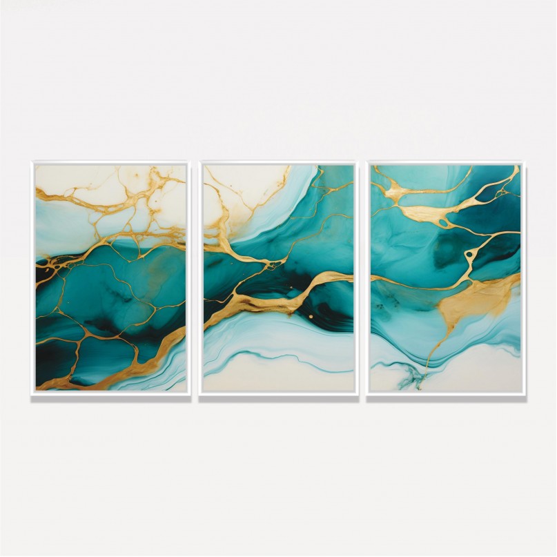 Quadro Abstrato Trio Mármore Fluido Tiffany e Dourado