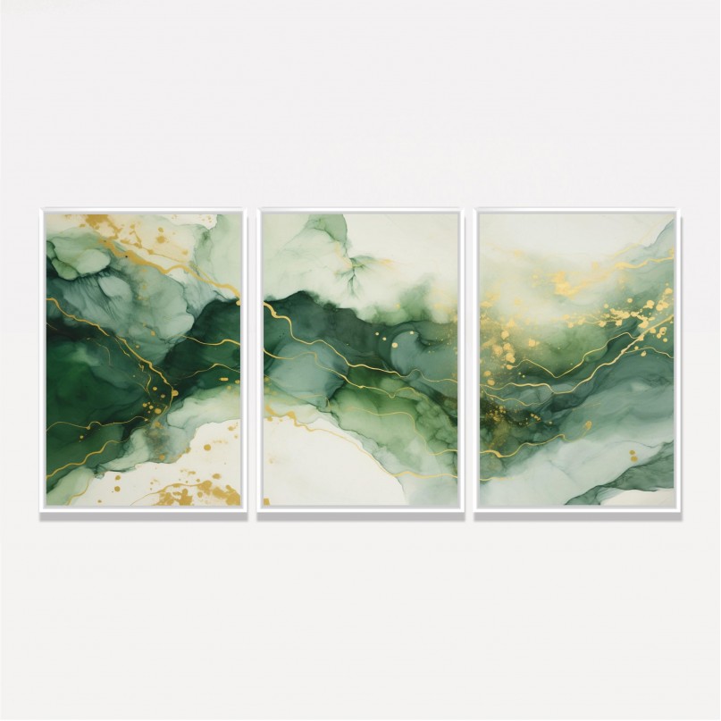 Quadro Trio Abstrato Mármore Fluido em Verde