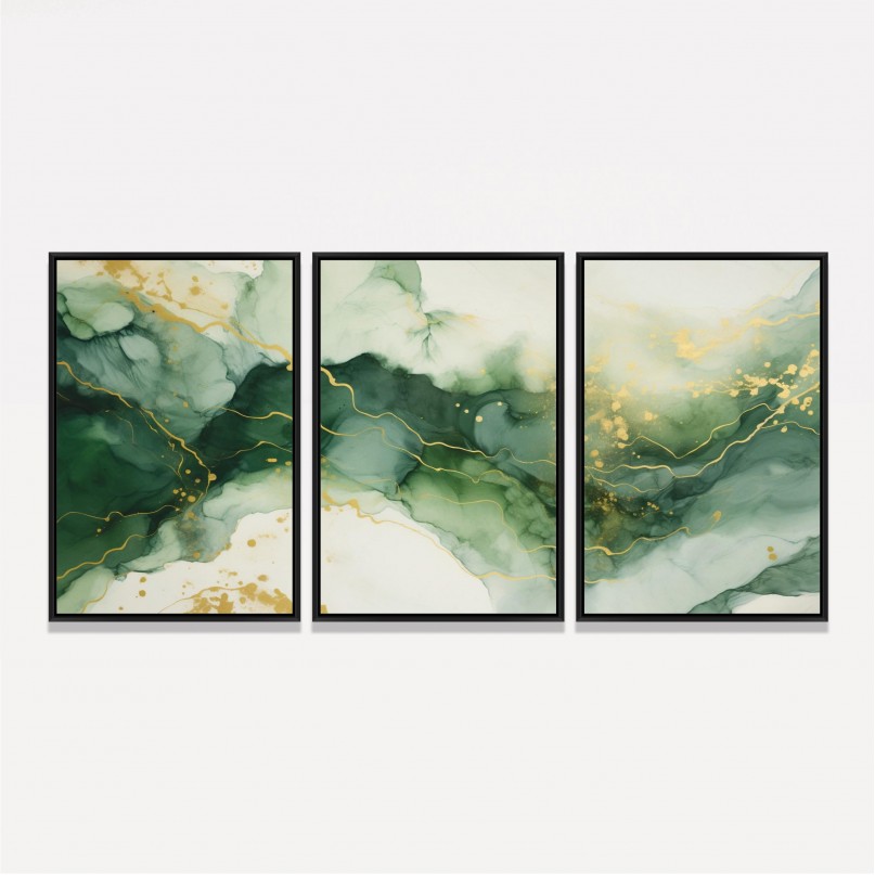 Quadro Trio Abstrato Mármore Fluido em Verde