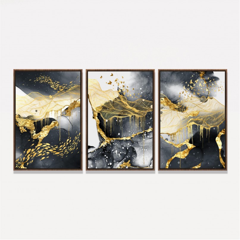 Quadro Abstrato Preto e Dourado Trio Moderno decorativo