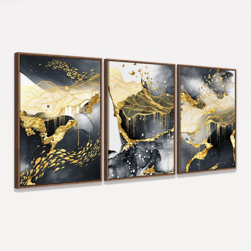 Quadro Abstrato Preto e Dourado Trio Moderno decorativo