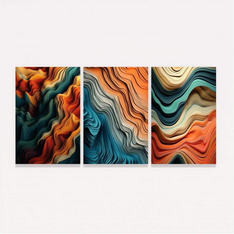 Quadro Trio Abstrato Ondas Cores em Paper Cut