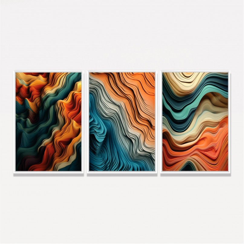 Quadro Trio Abstrato Ondas Cores em Paper Cut