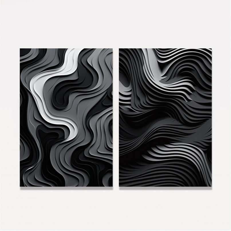 Quadro Duo Abstrato Paper Cut Preto e Branco