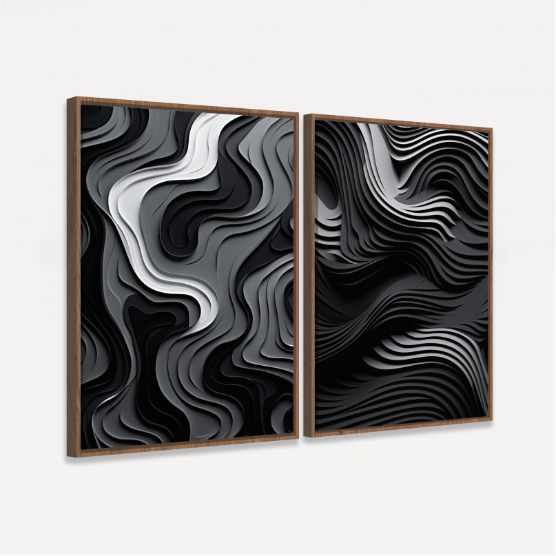 Quadro Duo Abstrato Paper Cut Preto e Branco