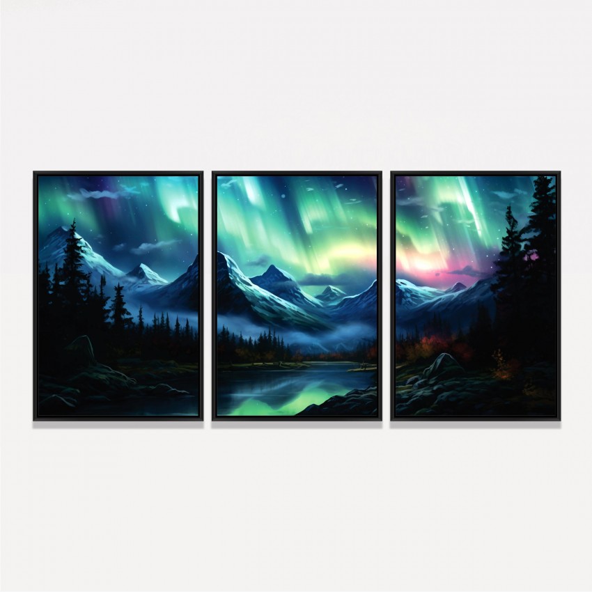 Quadro Trio Paisagem Aurora Boreal