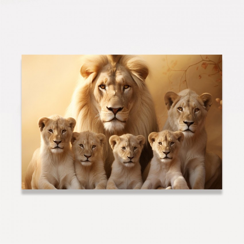 Quadro Artístico Clean Família de Leões 4 Filhotes 