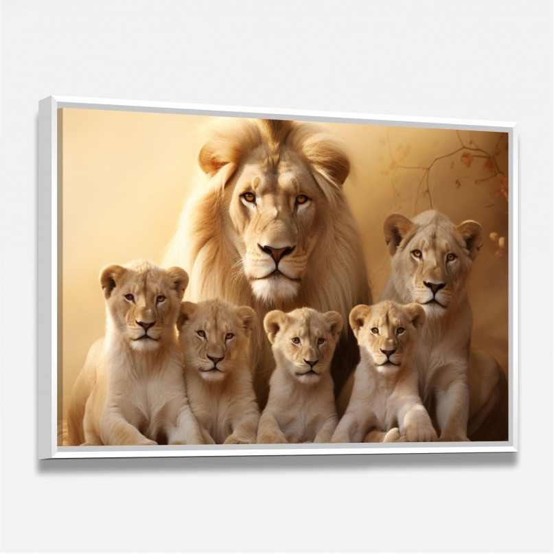 Quadro Artístico Clean Família de Leões 4 Filhotes 