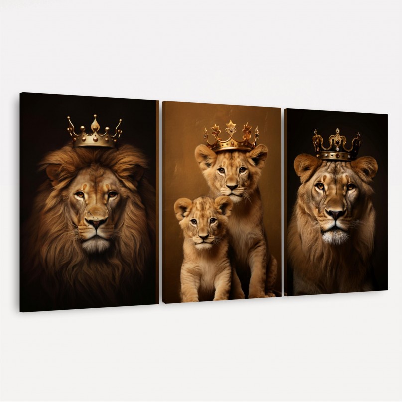 Quadro Trio Família de Leões Real 2 Filhotes