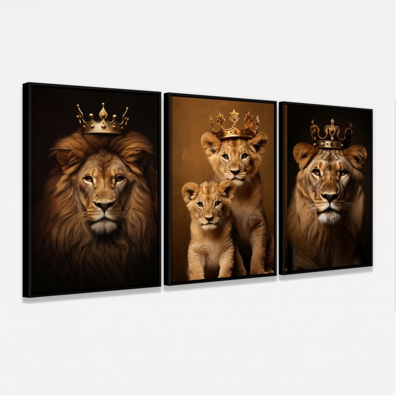 Quadro Trio Família de Leões Real 2 Filhotes