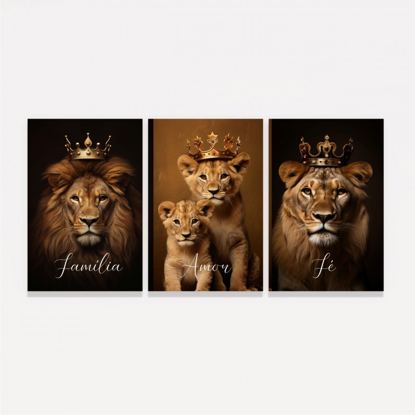 Quadro Trio Leões Real 2 Filhotes Família Amor Fé