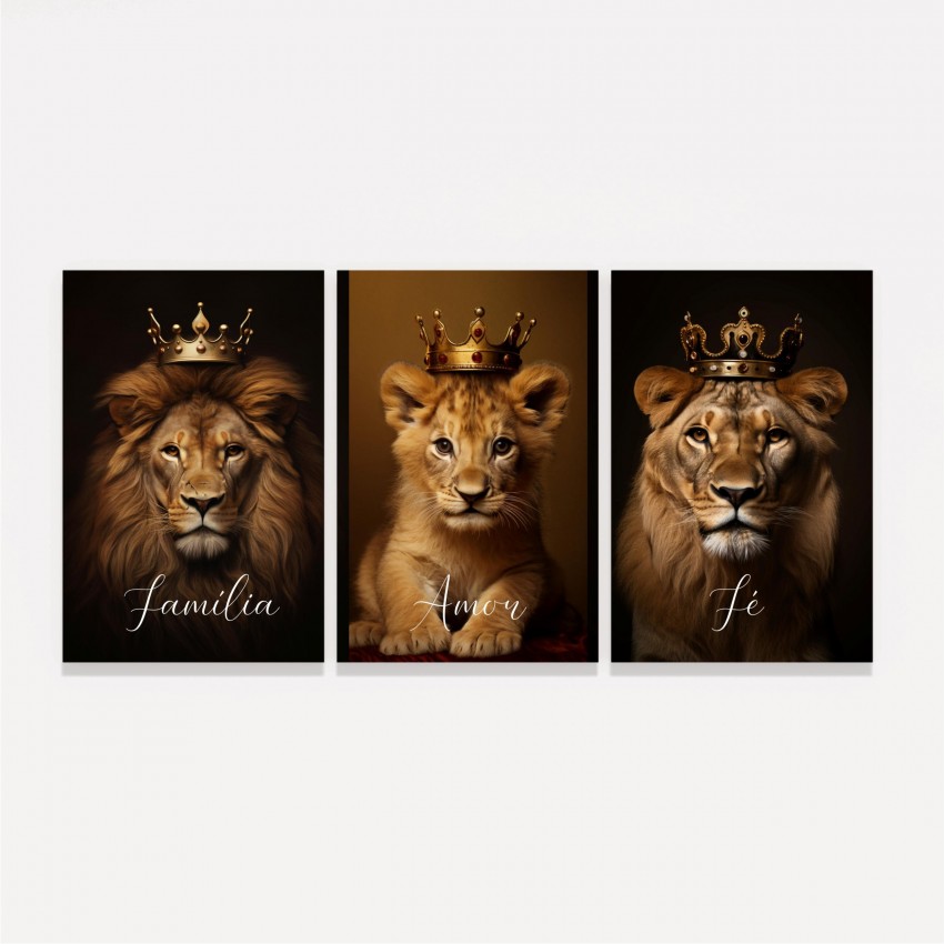 Quadro Trio Leões Real 1 Filhote Família Amor Fé