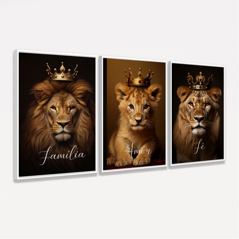Quadro Trio Leões Real 1 Filhote Família Amor Fé