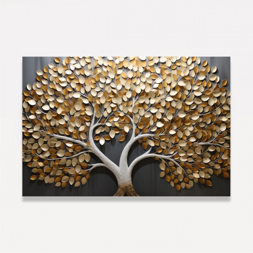 Quadro Grande Árvore da Vida Folhas Douradas