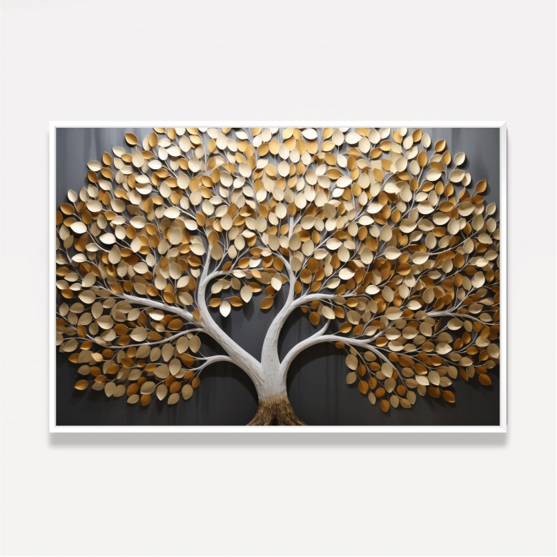 Quadro Grande Árvore da Vida Folhas Douradas
