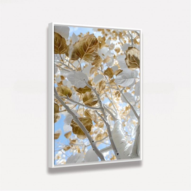Quadro Árvore Branca Luxo Folhas Douradas