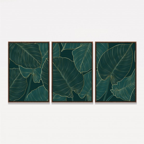Quadro Folhas Trio Folhagem Verde Detalhes Dourados