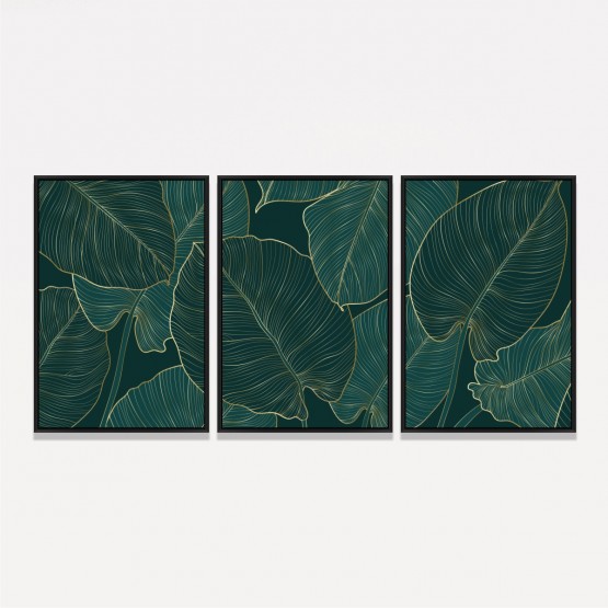 Quadro Folhas Trio Folhagem Verde Detalhes Dourados