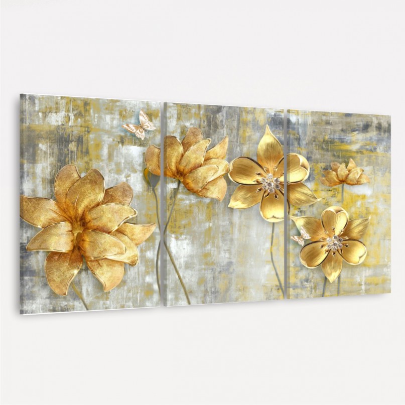 Quadro Flores Douradas Artístico Abstrato