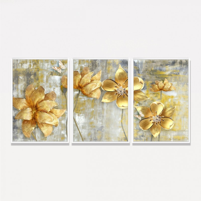 Quadro Flores Douradas Artístico Abstrato