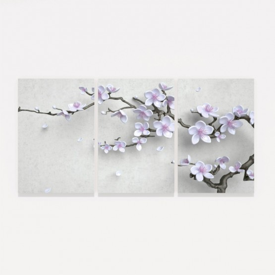 Quadro Ramo Flores Cerejeiras Brancas Jogo 3 Peças