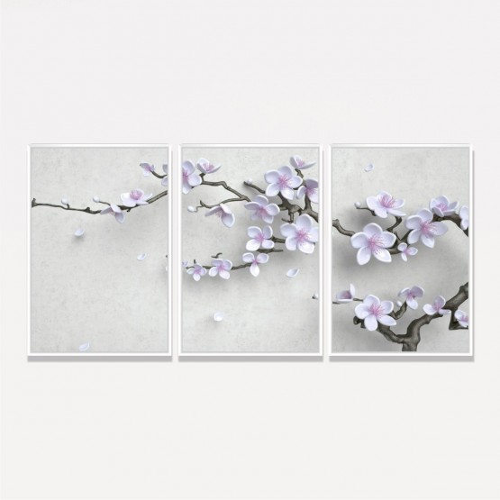 Quadro Ramo Flores Cerejeiras Brancas Jogo 3 Peças