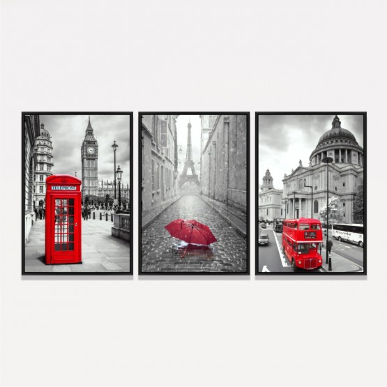 Quadros Paris Londres Canvas Detalhes em Vermelho