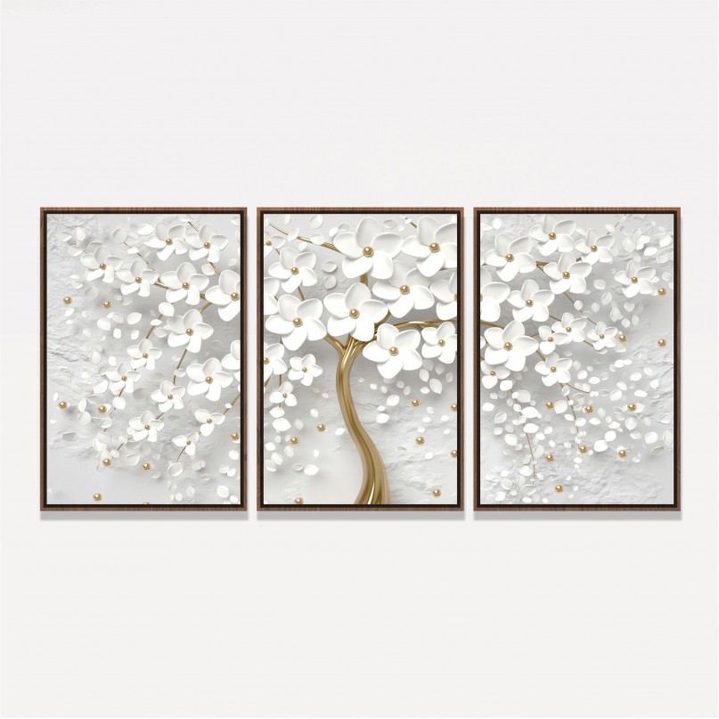 Quadro Flores de Cerejeiras Brancas e Douradas decorativo