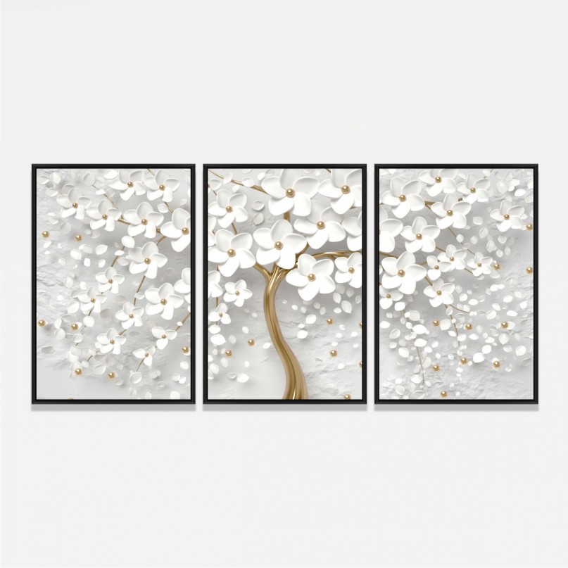 Quadro Flores de Cerejeiras Brancas e Douradas decorativo
