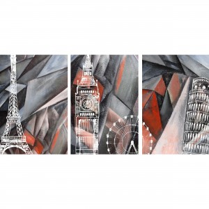 Quadros Torre Eiffel Big Ben e Torre de Pisa Trio em Arte Abstrata 