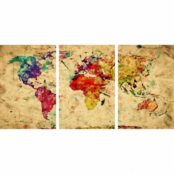 Quadro Mapa Mundi Rústico Colorido Mosaico