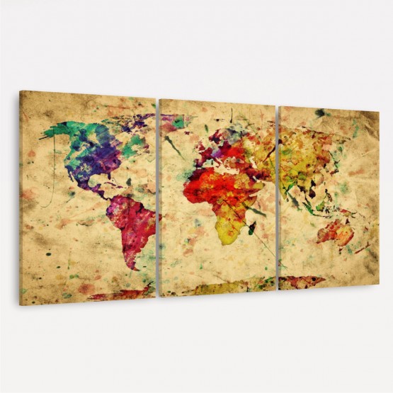 Quadro Mapa Mundi Rústico Colorido Mosaico