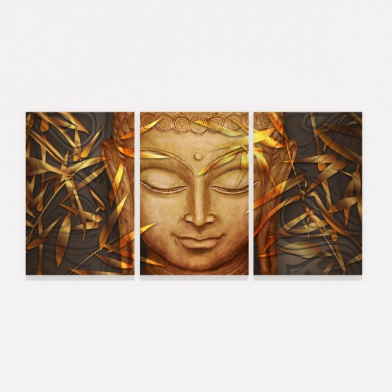 Quadro Buda em Arte Dourado Mosaico em 3 Peças