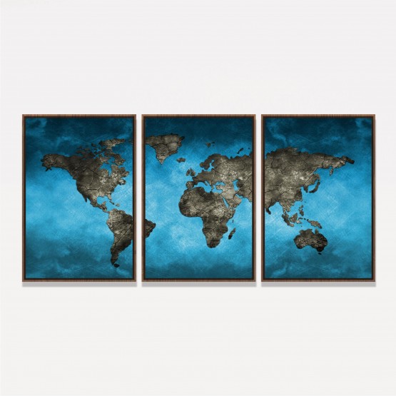 Quadro Mapa Mundi Artístico Azul Moderno