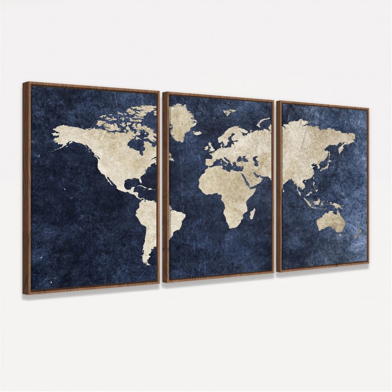 Quadro Mapa Mundi decorativo Efeito Rústico Azul em 3 Peças