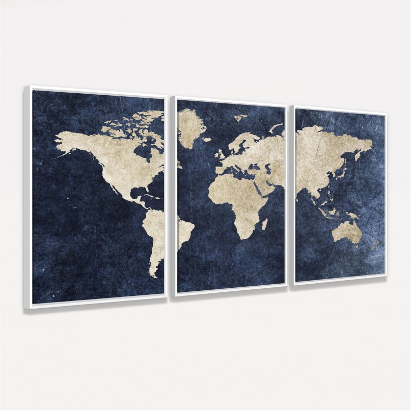 Quadro Mapa Mundi decorativo Efeito Rústico Azul em 3 Peças