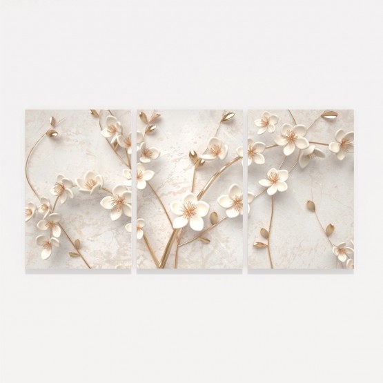Quadro Árvore Flores Cerejeiras Branco Bege e Douradas decorativo