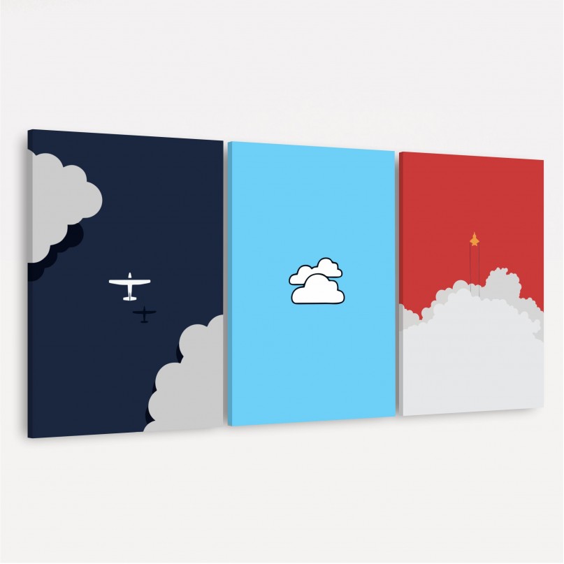 Kit Quadros decorativos Avião Nuvens Jato - 3 Peças